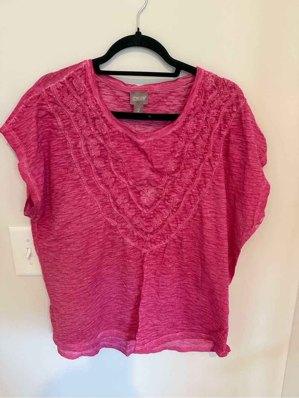 Chico's Hot Pink Embroidered V-Neck Short Sleeve Top
